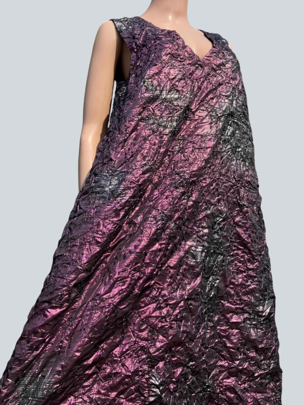 Vtg Rare ISSEY MIYAKE A-Line Iridescent Purple Metallic V-Neck Crinkle Dress 2